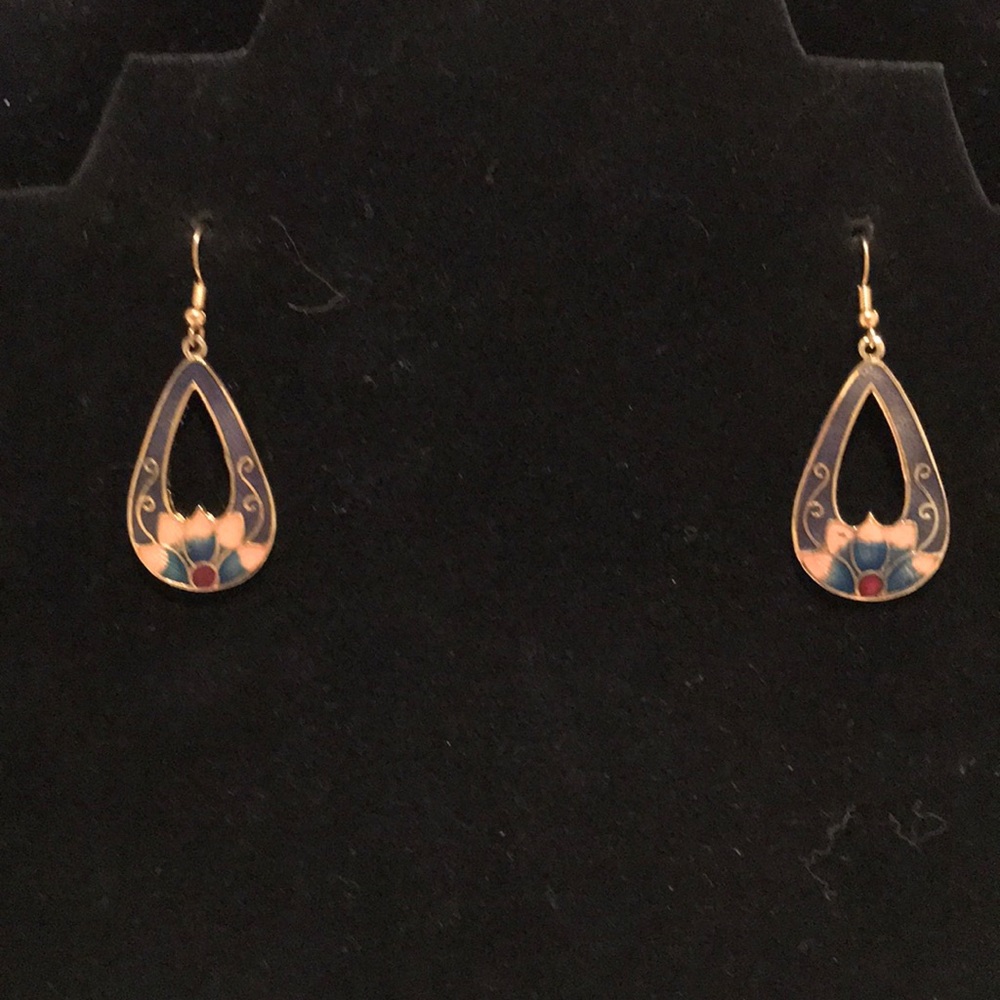 Cloisonné lotus blossom fish hook earrings